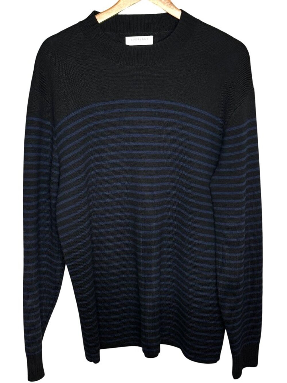 Everlane Wool Blend Navy Stripe Crewneck Sweater Size Large 70% Wool